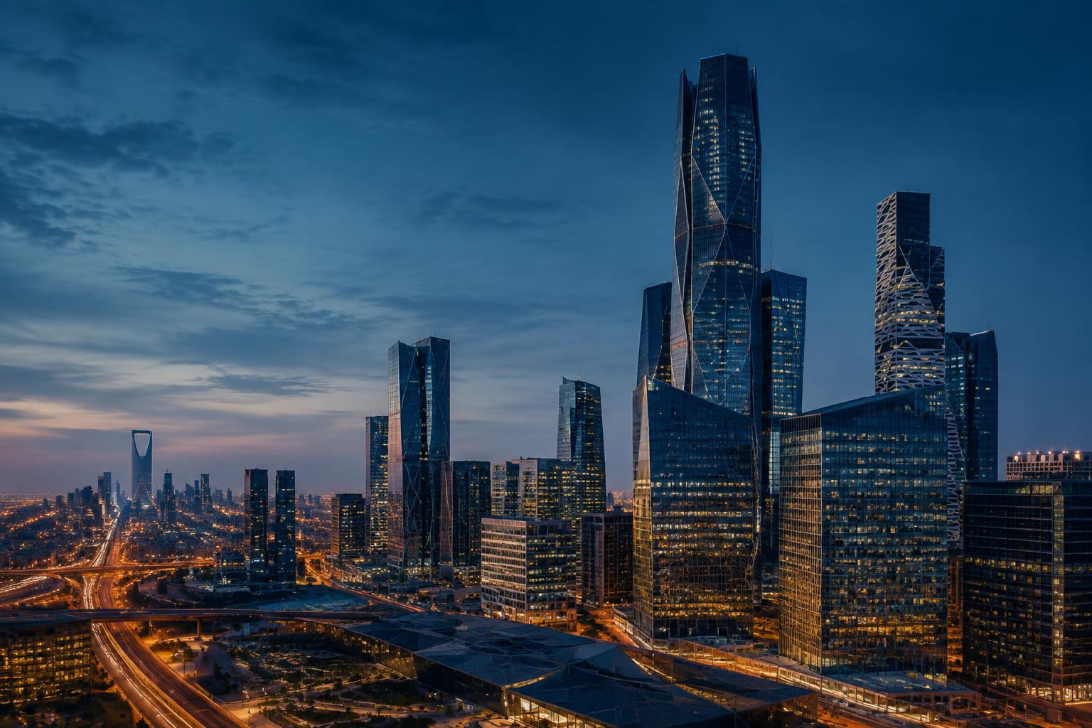 Modern business district in Riyadh at dusk